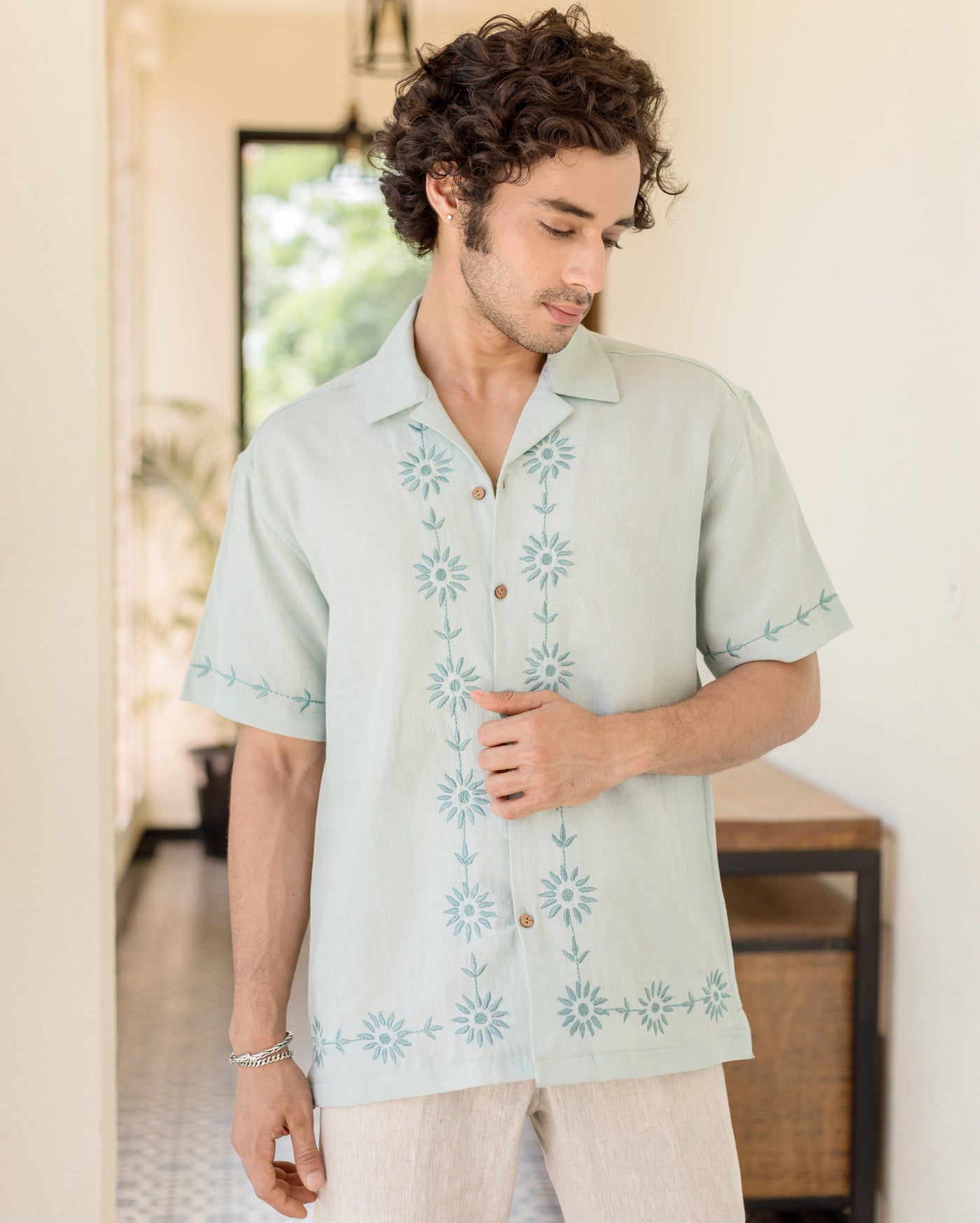 Drip Pastel Blue Embroidered Linen Shirt