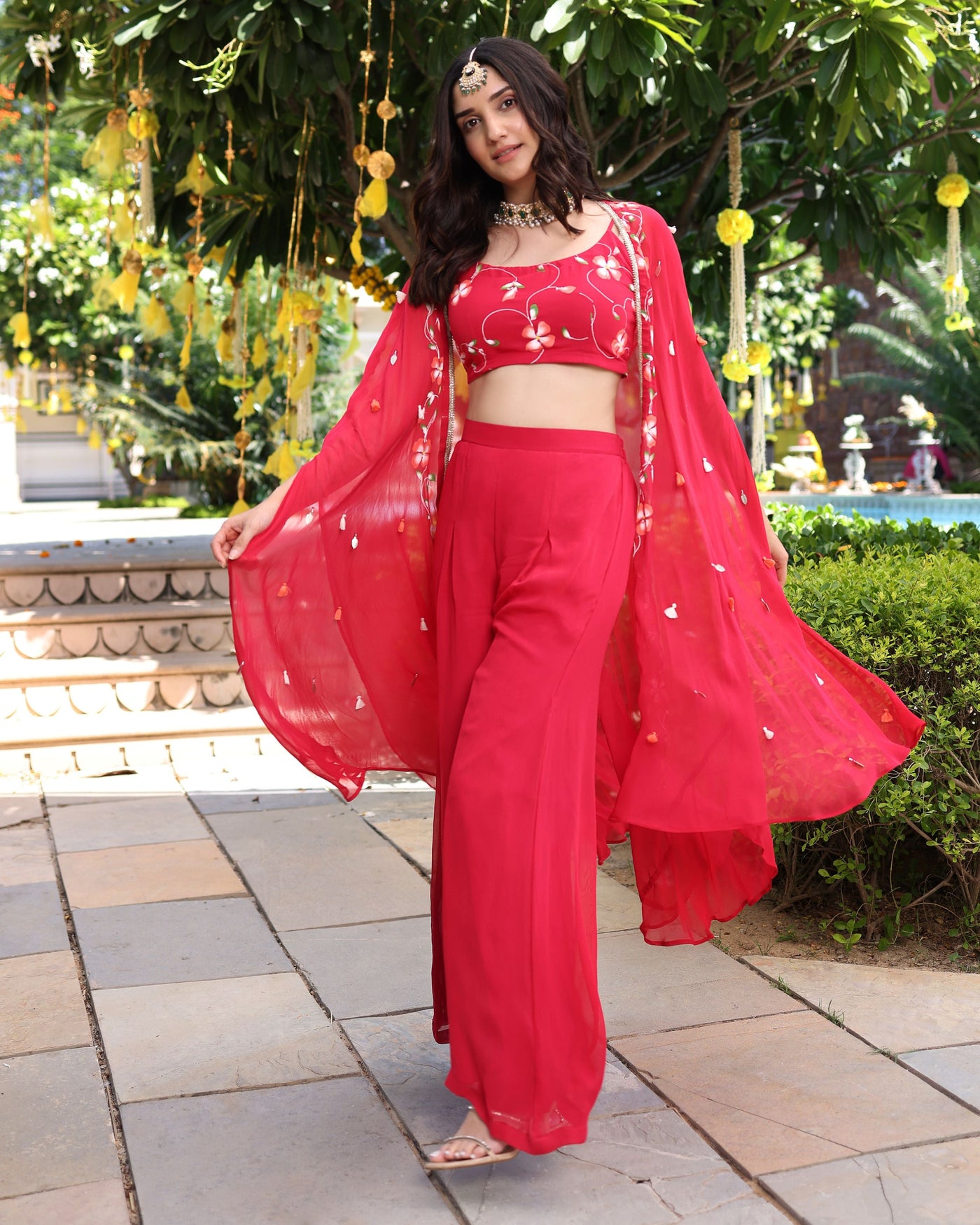 Hareeta Red Handpainted Georgette Coord Set