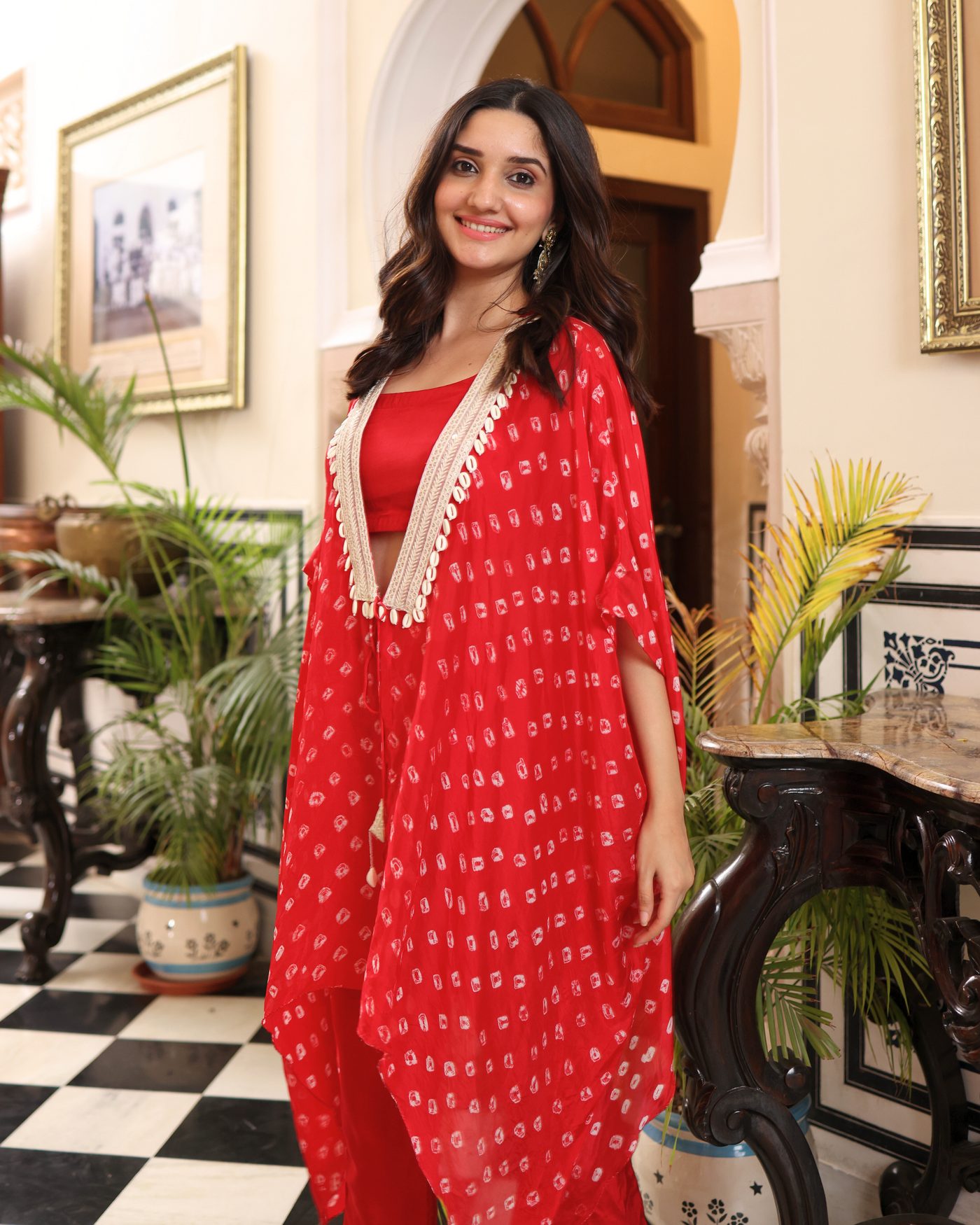 Flaming Red Bandhani Silk Coord Set