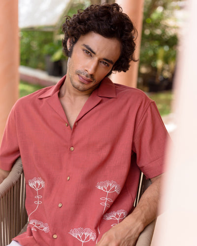 Brick Red Embroidered Slub Shirt