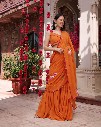 Coral Crush Orange Mirror Work Handpainted Georgette Pre Draped Saree