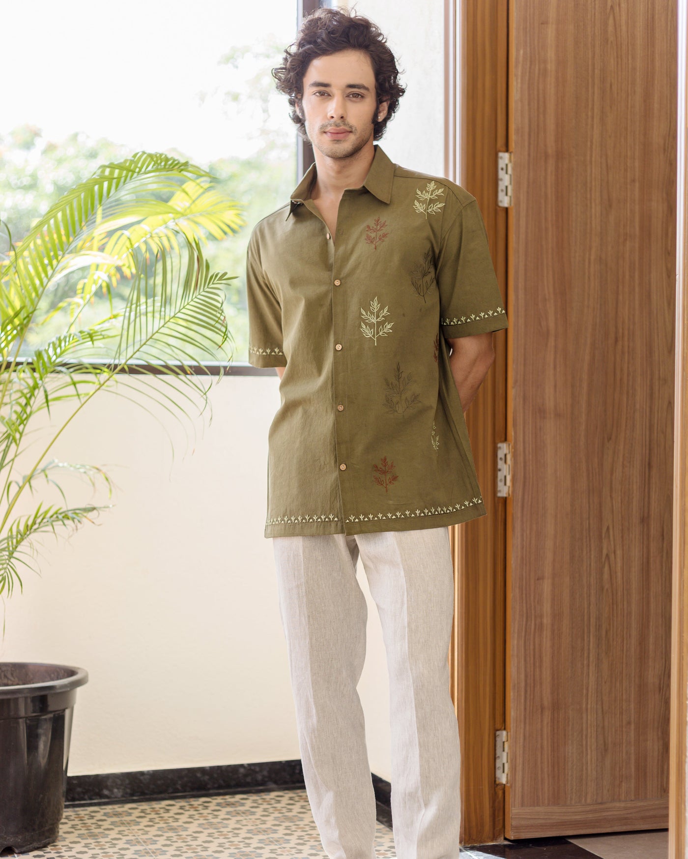 Dex Olive Embroidered Cotton Shirt