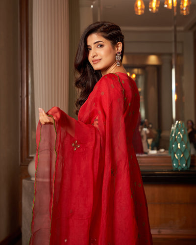 Rasa Red Bandhani Silk Suit Set