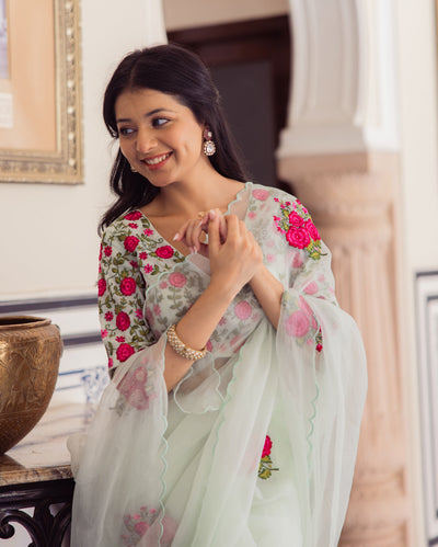 Luxe Mint Green Embroidered Organza Saree