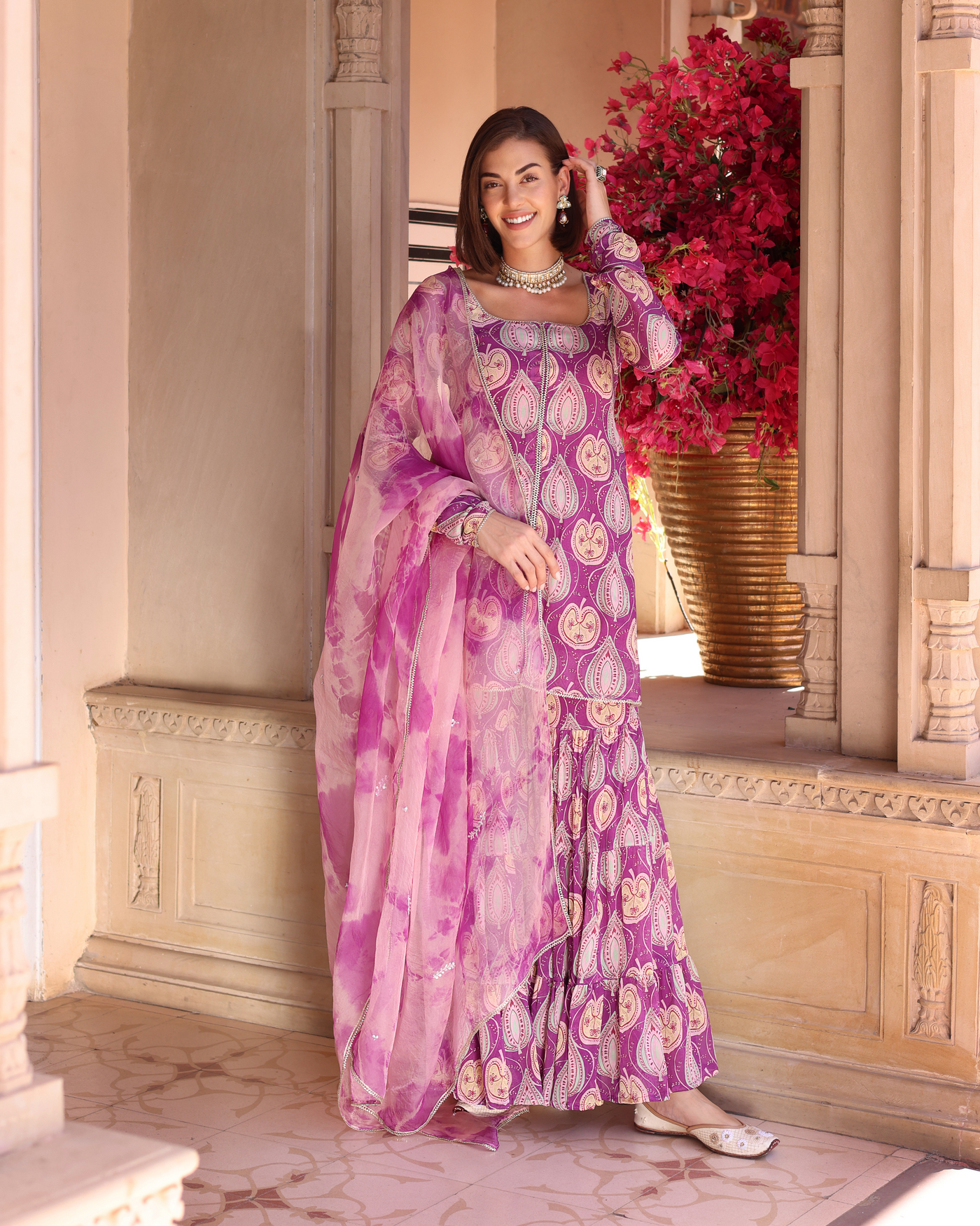 Lilac Floral Fantasy Printed Chinon Sharara Set