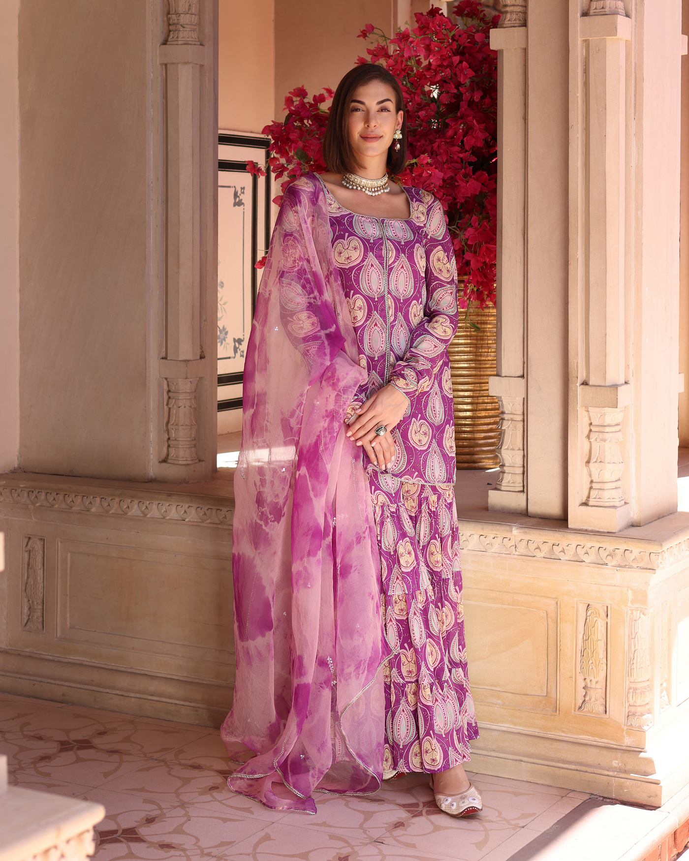 Lilac Floral Fantasy Printed Chinon Sharara Set