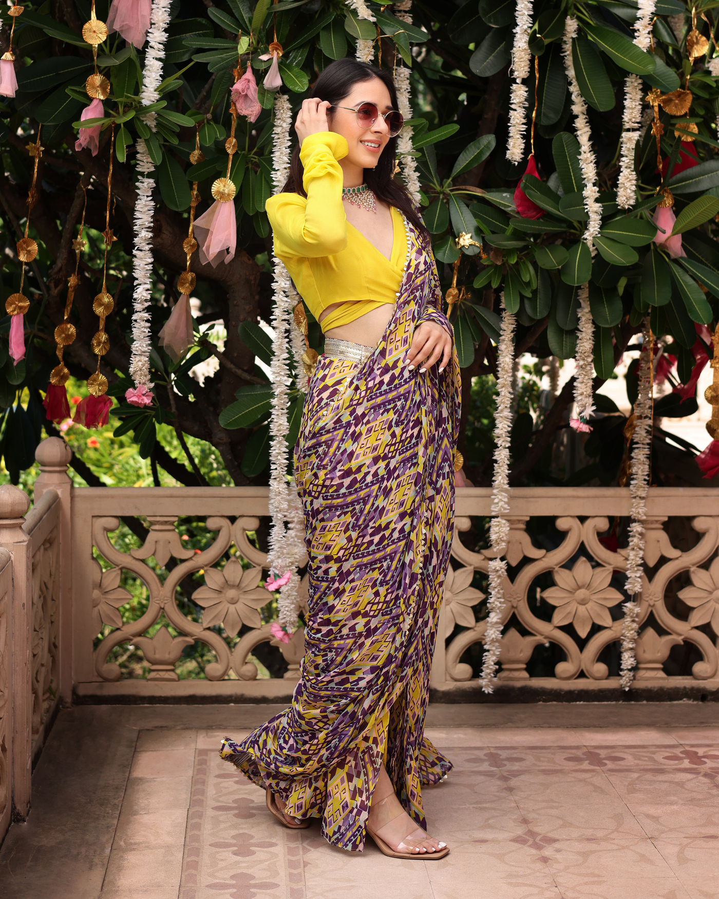 Purple Yellow Melody Printed Chinon Pre Draped Saree