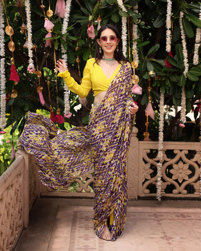 Purple Yellow Melody Printed Chinon Pre Draped Saree