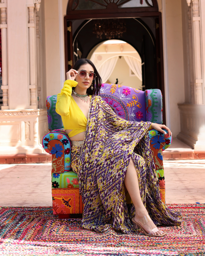 Purple Yellow Melody Printed Chinon Pre Draped Saree