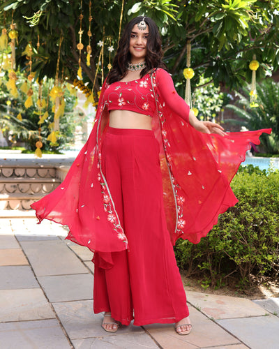 Hareeta Red Handpainted Georgette Coord Set