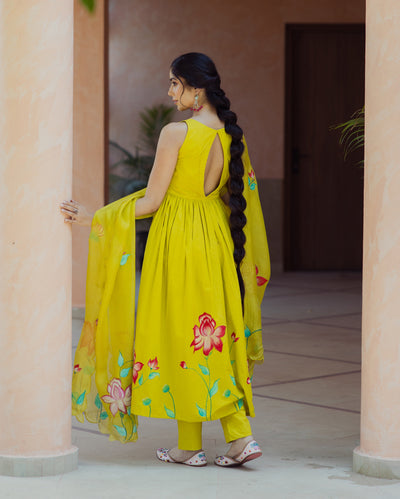 Sorbet Lime Green Handpainted Cotton Suit Set