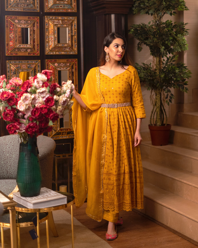 Mustard Chikankari Anarkali Set