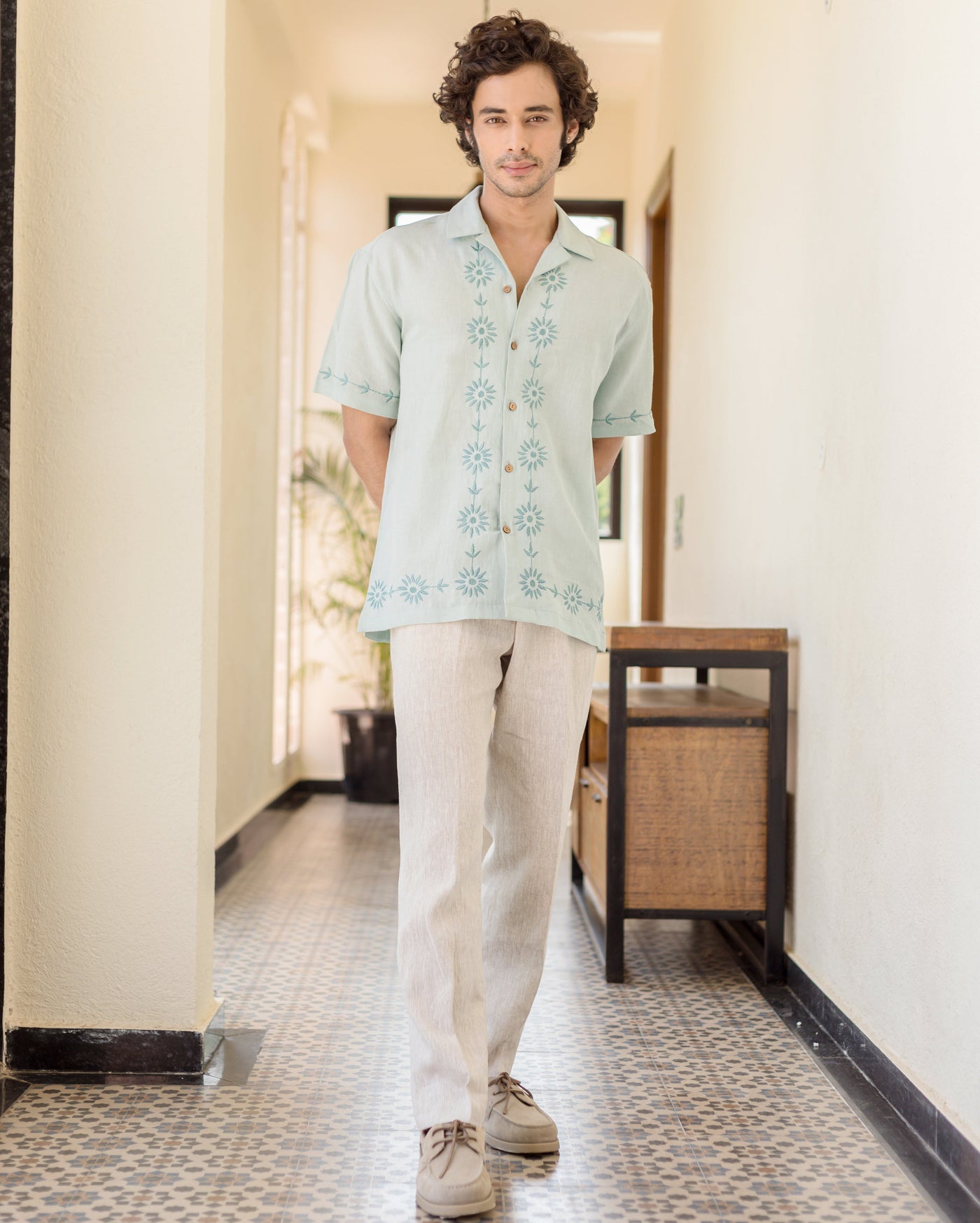 Drip Pastel Blue Embroidered Linen Shirt