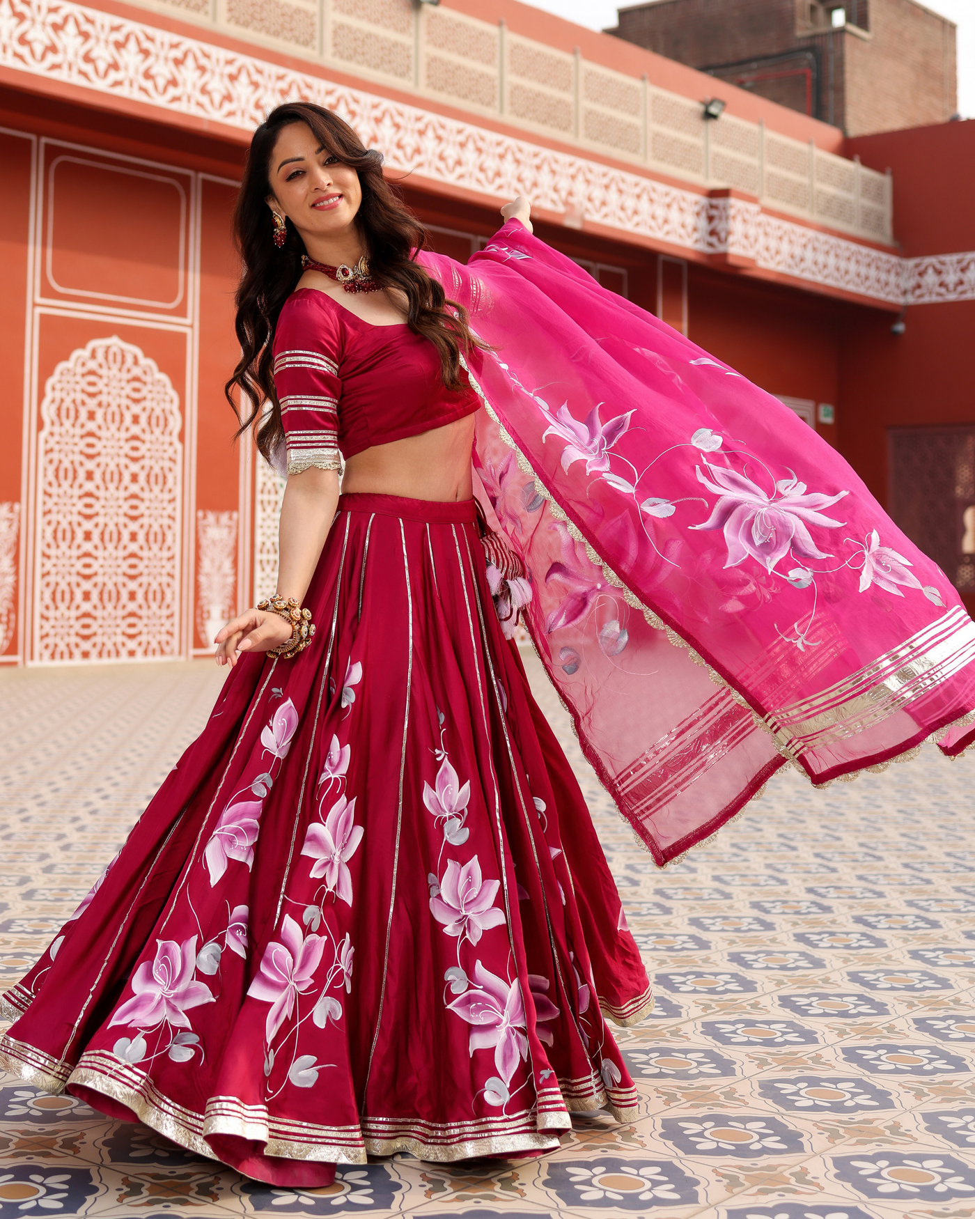 Magenta Pink Handpainted Lehenga Set