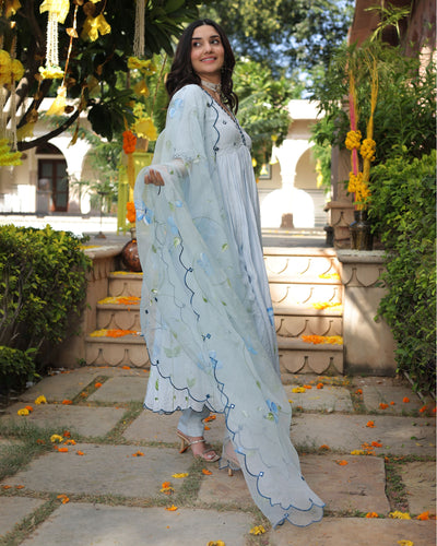 Blue Blossom Handpainted Cotton Silk Suit Set