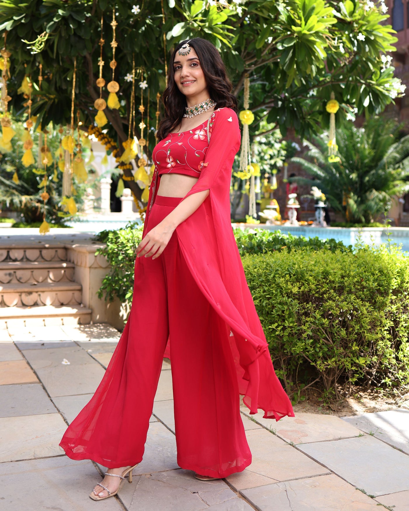 Hareeta Red Handpainted Georgette Coord Set