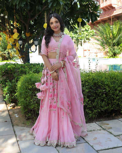 Dewberry Pink Handpainted Chanderi Lehenga Set