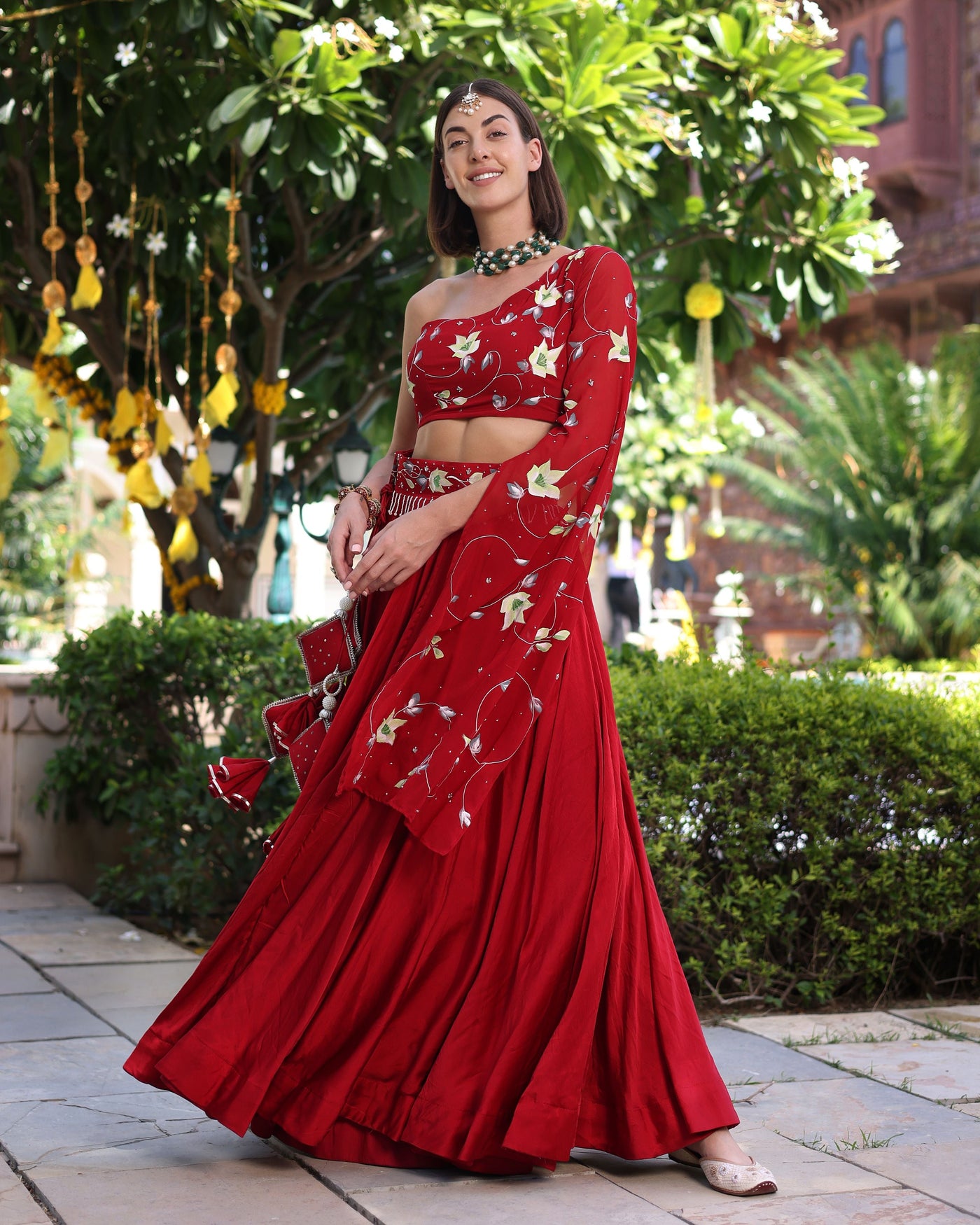 Rutvi Red Handpainted Satin Lehenga Set