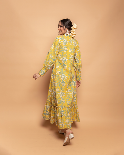 Sunset Glow Yellow Cotton Printed Shirt Dress