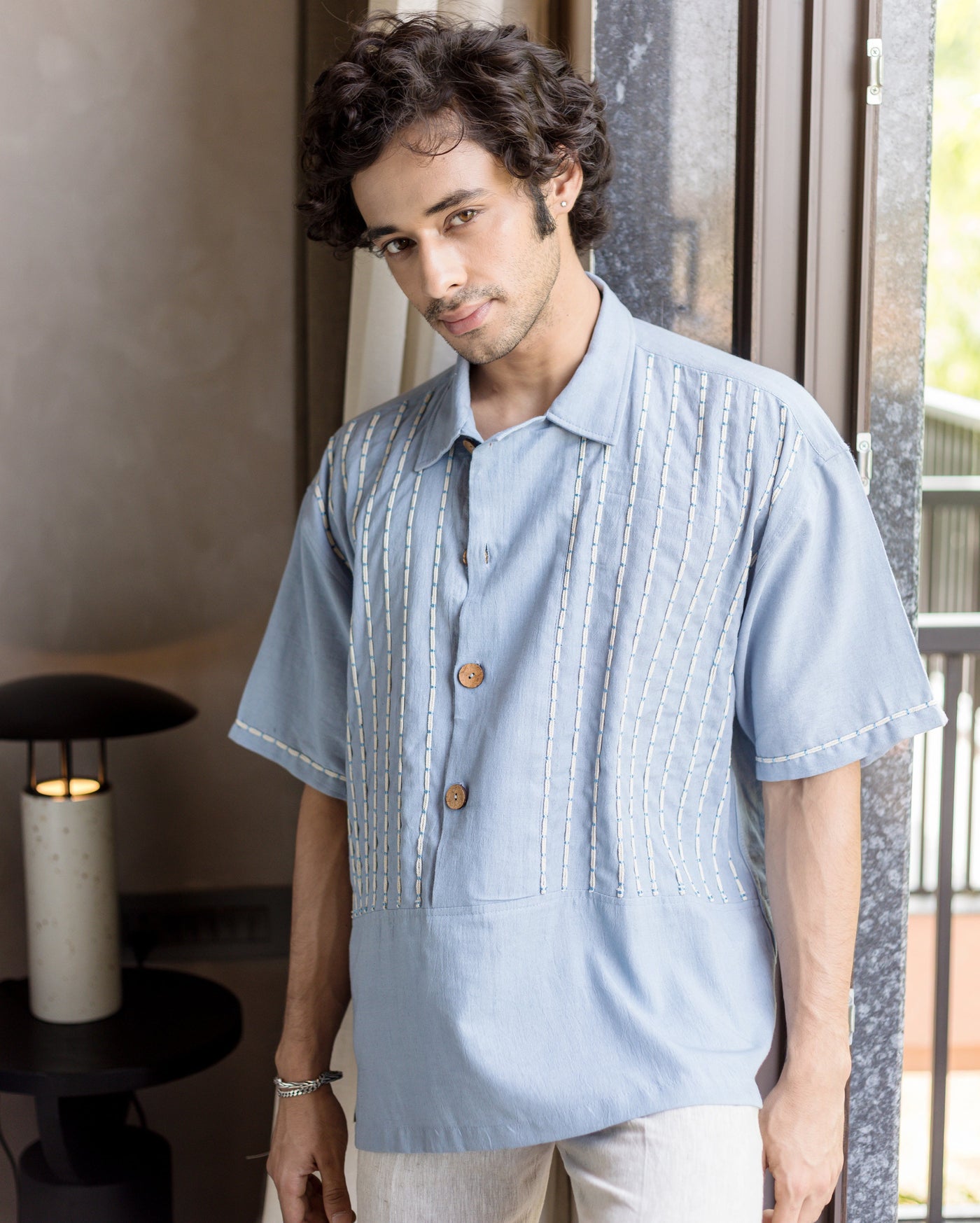 Tate Blue Embroidered Slub Shirt