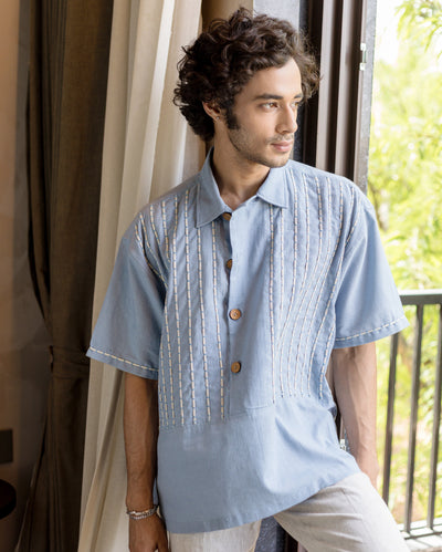 Tate Blue Embroidered Slub Shirt