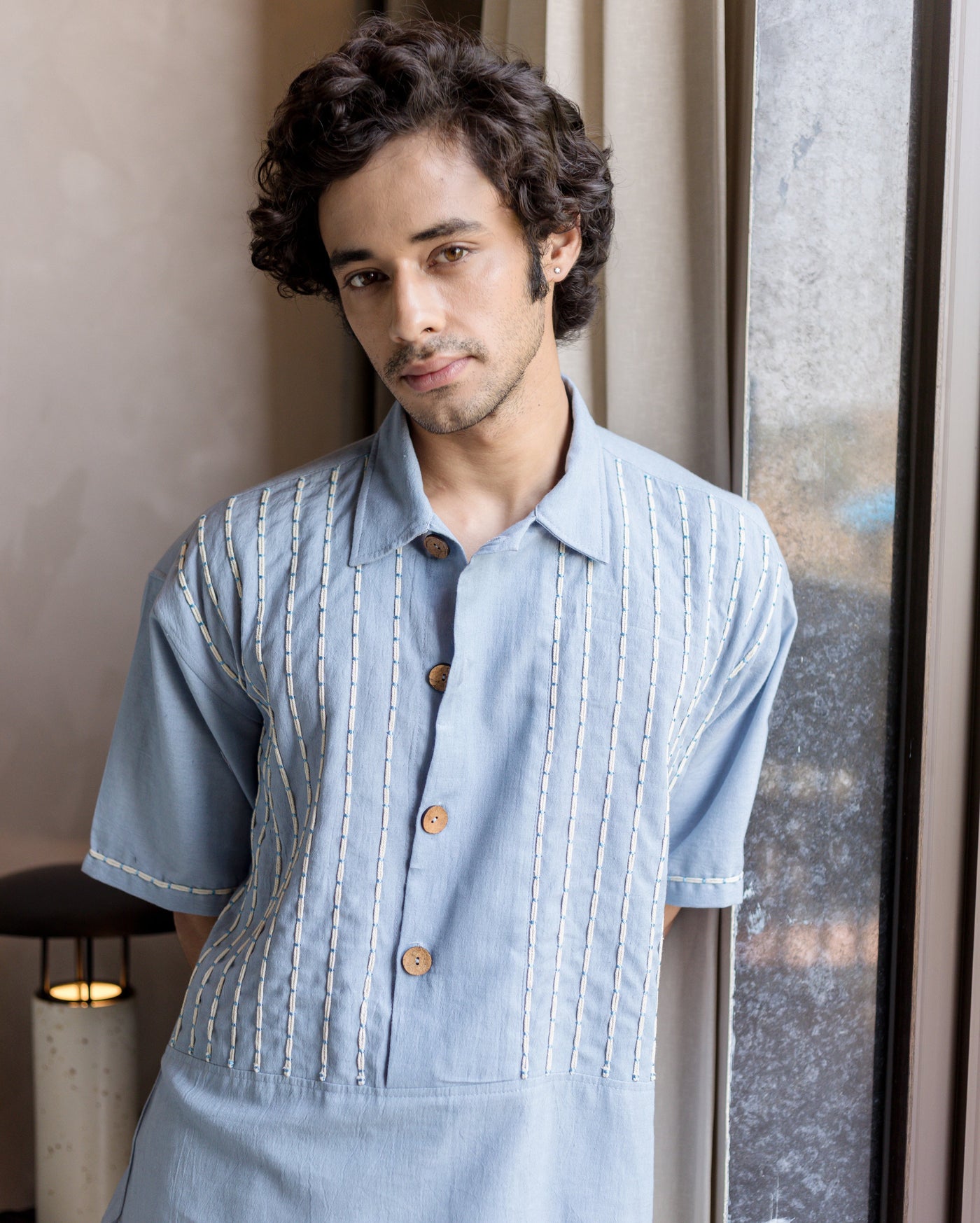 Tate Blue Embroidered Slub Shirt