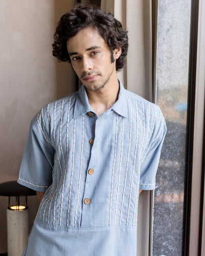 Tate Blue Embroidered Slub Shirt