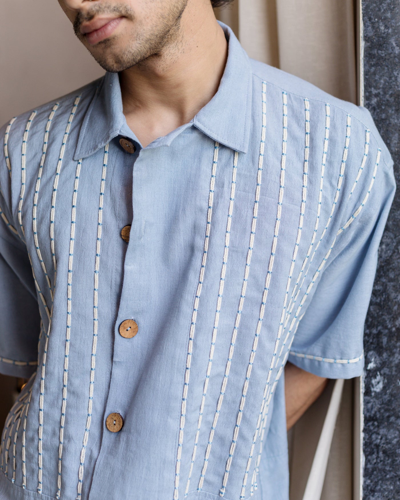 Tate Blue Embroidered Slub Shirt