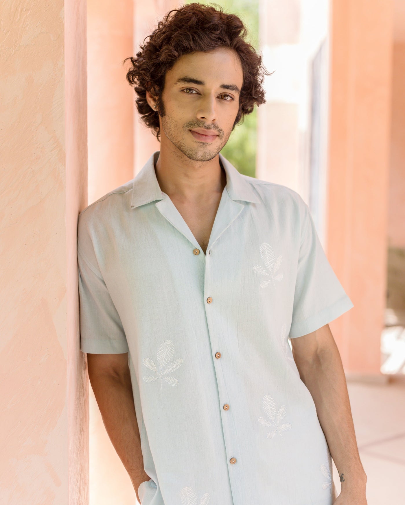 Niko Pastel Blue Embroidered Slub Shirt