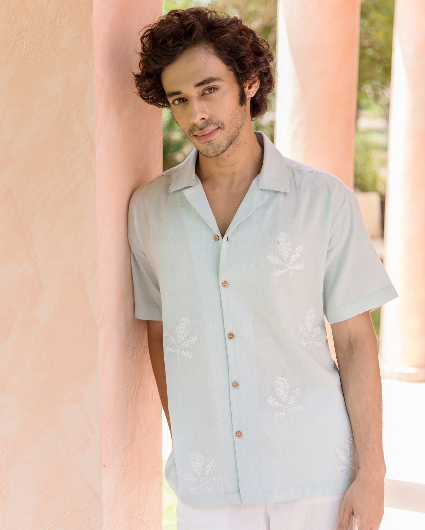 Niko Pastel Blue Embroidered Slub Shirt