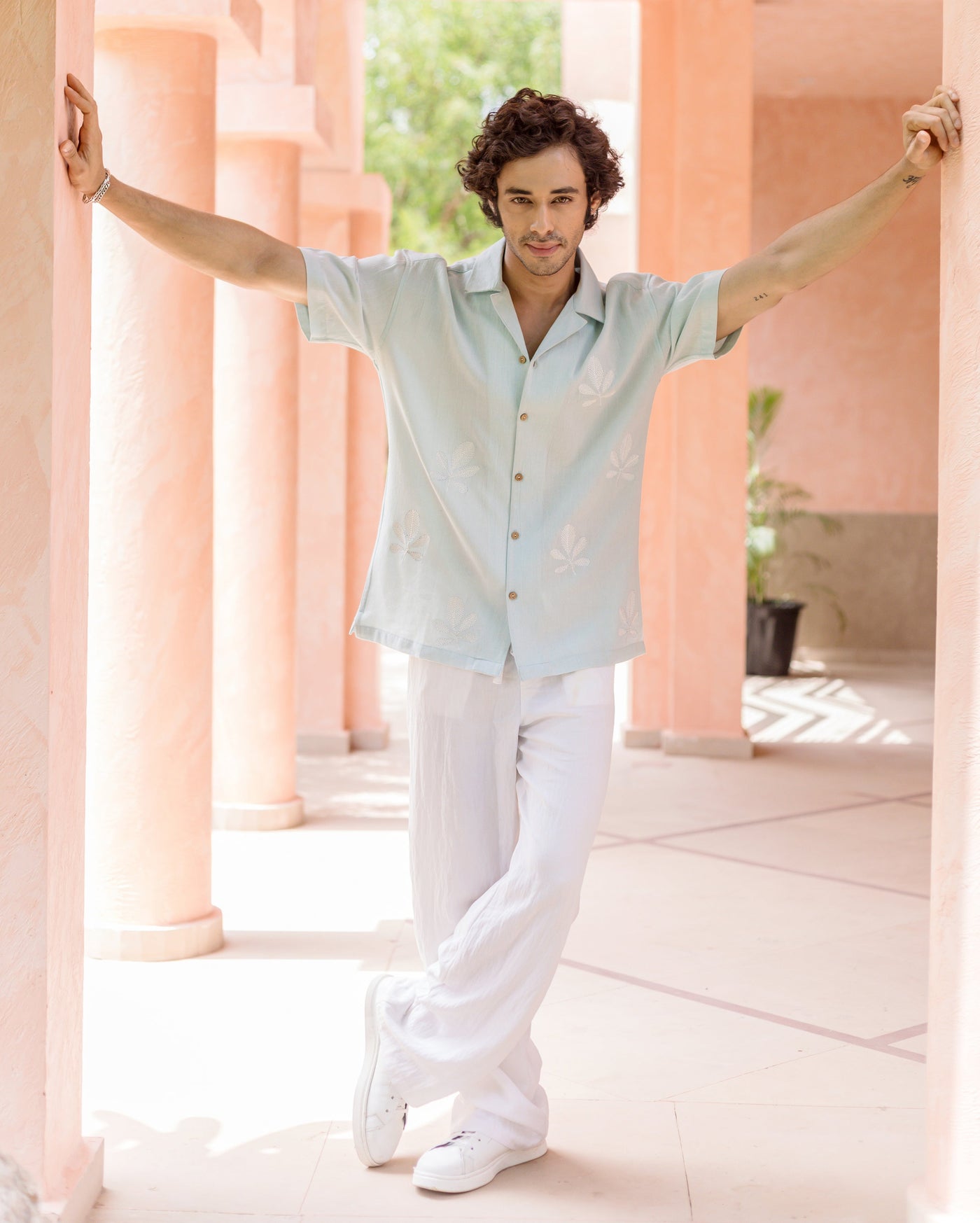 Niko Pastel Blue Embroidered Slub Shirt