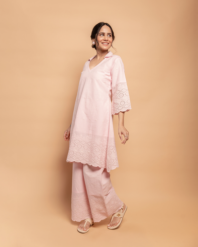 Pale Whisper Pink Cotton Schiffli Coord Set