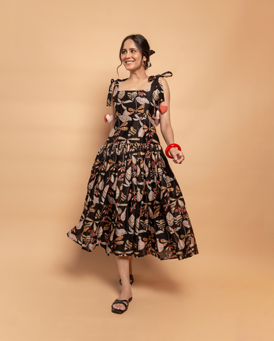 Moonlight Charm Black Cotton Printed Dress
