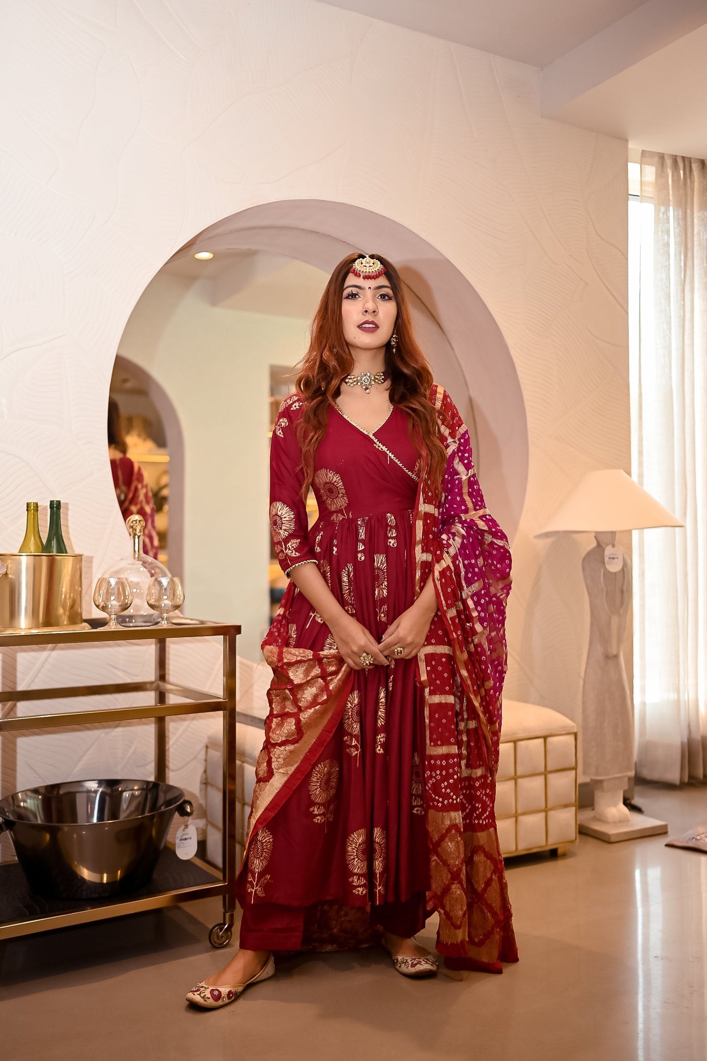 Maroon Angrakha Bandhej Suit Set