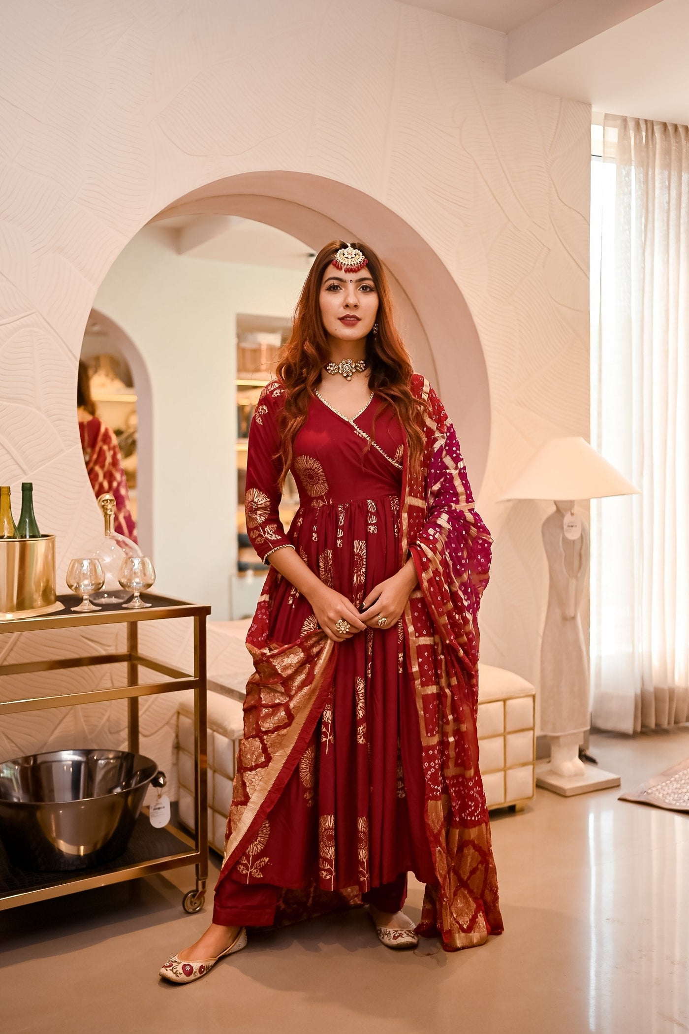 Maroon Angrakha Bandhej Suit Set