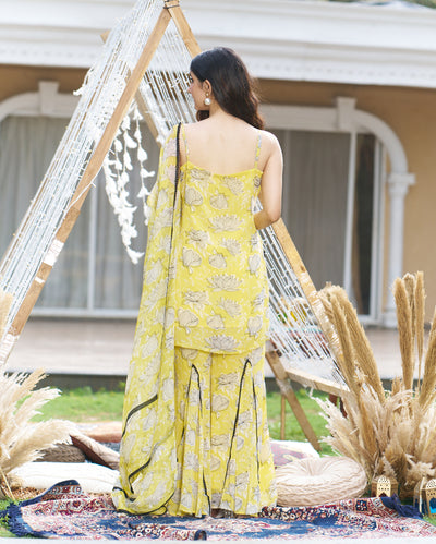 Emin Yellow Printed Georgette Sharara Set