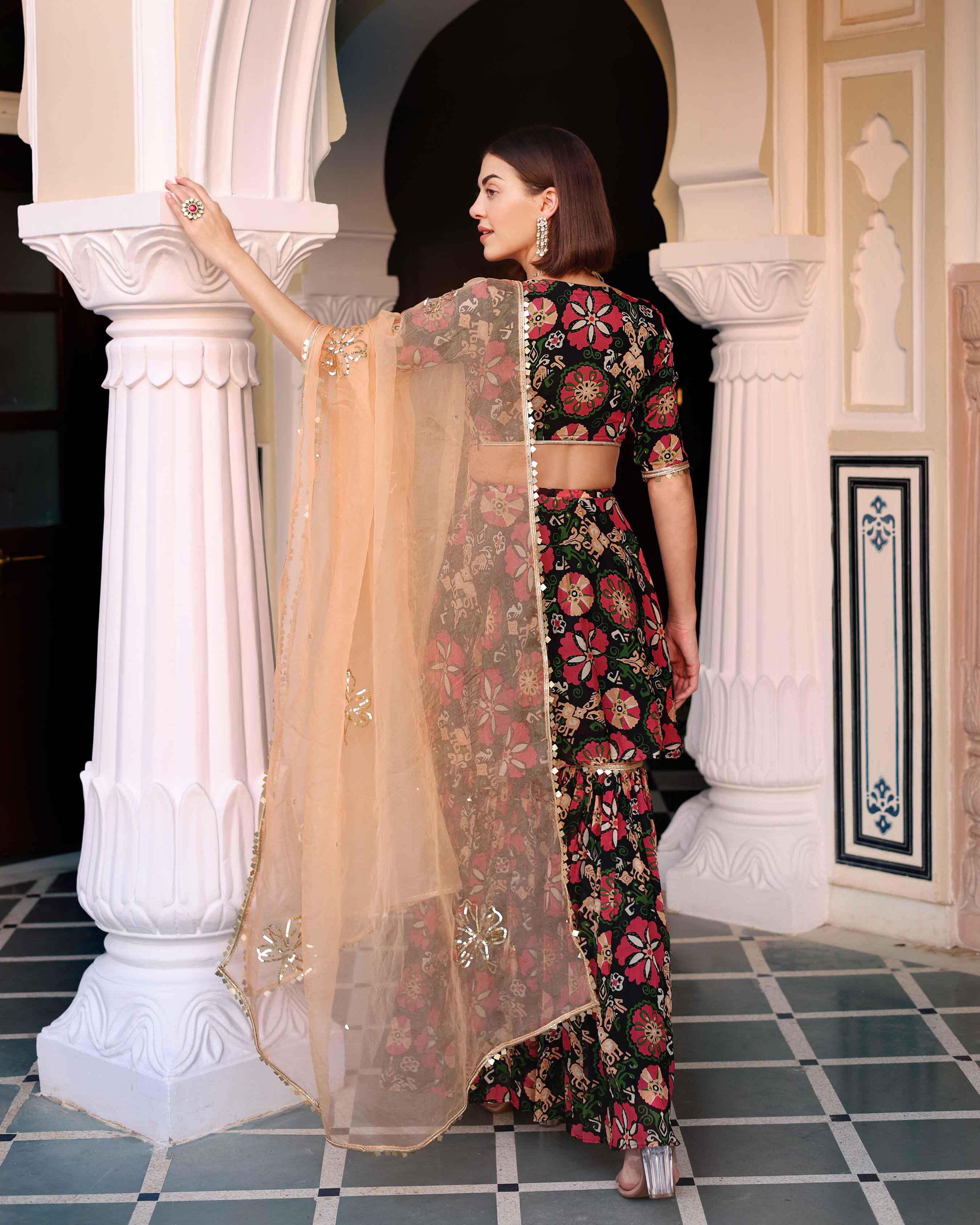 Crimson Red Embellished Chinon Silk Sharara Set