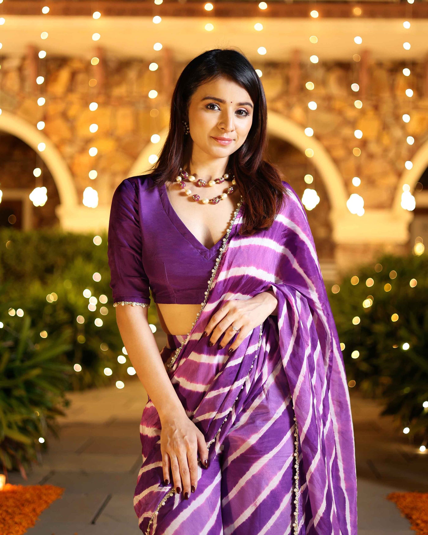 Kimaya Purple Leheriya Silk Pre Draped Saree