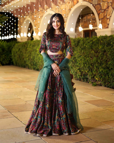 Elegance In Bloom Green Printed Silk Lehenga Set