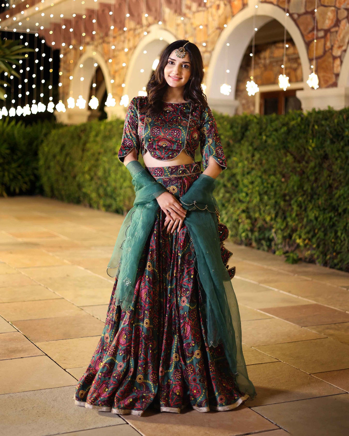 Elegance In Bloom Green Printed Silk Lehenga Set