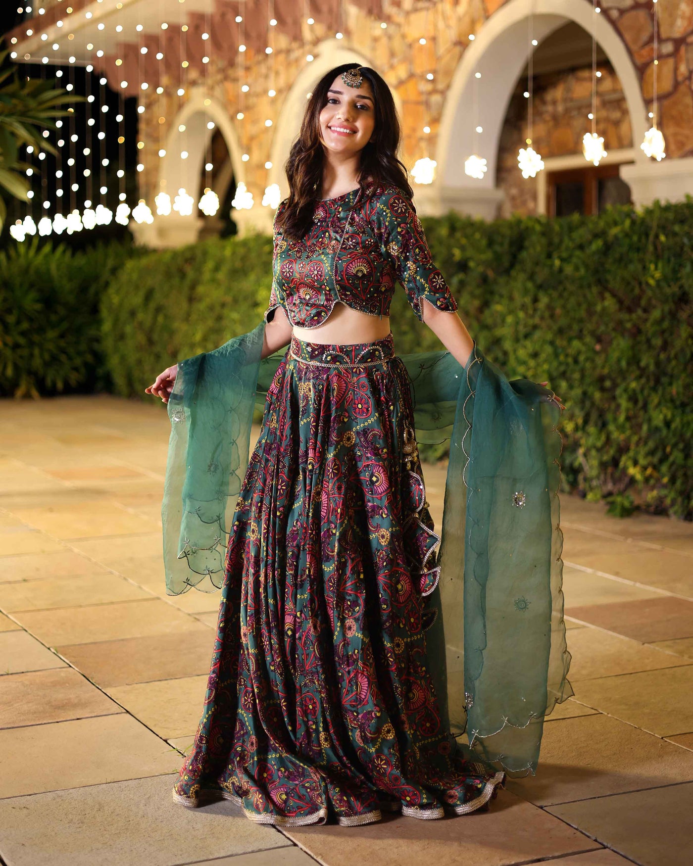 Elegance In Bloom Green Printed Silk Lehenga Set