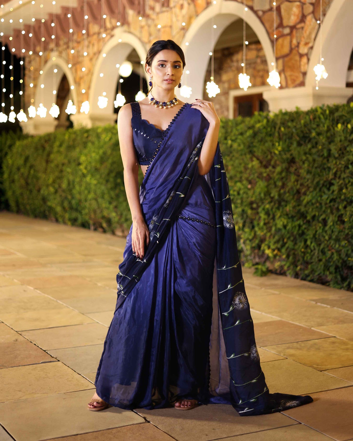 Swish Blue Ombre Mirror Work Handpainted Silk Pre Draped Saree