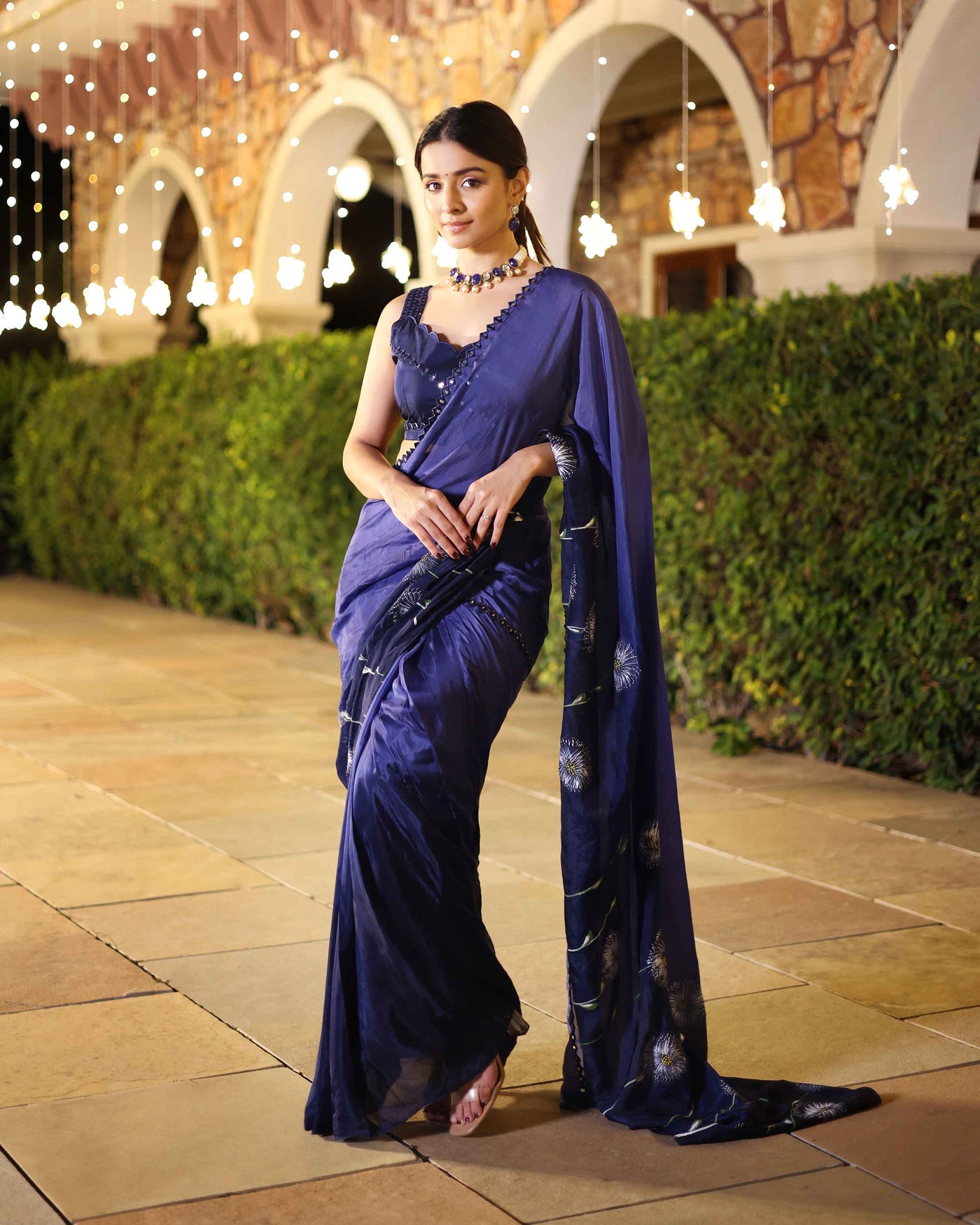 Swish Blue Ombre Mirror Work Handpainted Silk Pre Draped Saree