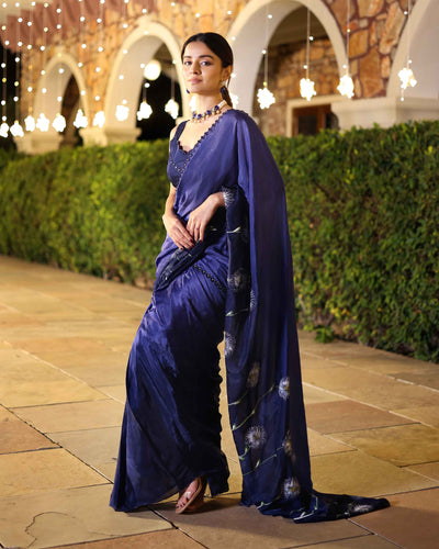 Swish Blue Ombre Mirror Work Handpainted Silk Pre Draped Saree