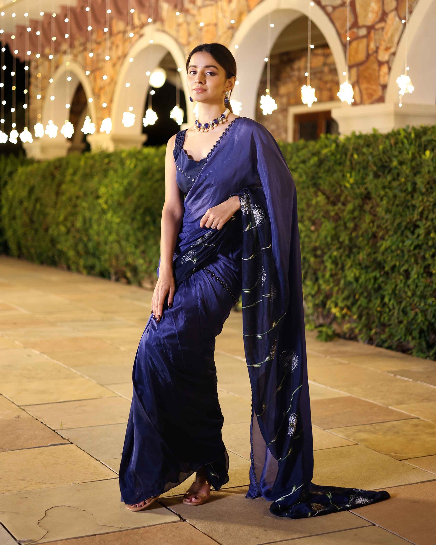 Swish Blue Ombre Mirror Work Handpainted Silk Pre Draped Saree