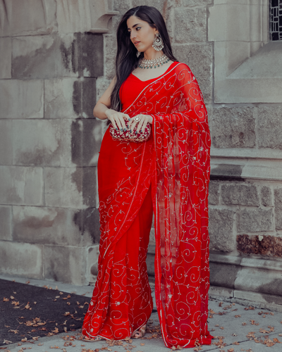 Red Joy Pure Chiffon Saree